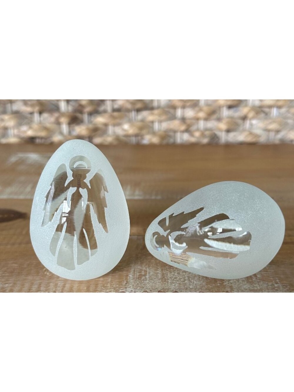 Pair Of Clear Frosted Glass Angel Eggs Paperweight